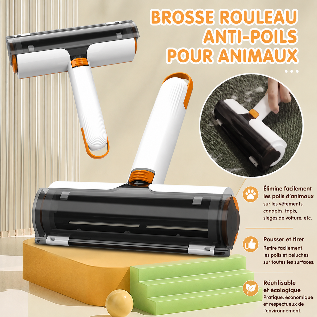 Rouleau anti-poils Nalia - Réutilisable pour vêtements et canapé